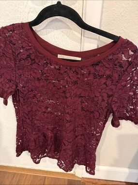 LOFT Burgundy Lace Peplum Blouse